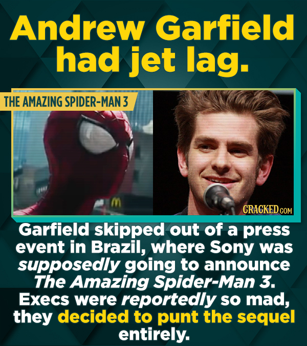 Andrew Garfield had jet lag. THE AMAZING SPIDER-MAN 3 CRACKED COM Garfield skipped out of a press event in Brazil, where Sony was supposedIy going to