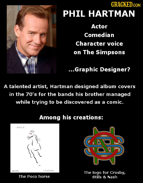 CRACKED PHIL HARTMAN Actor Comedian Character voice on The Simpsons ..Graphic Designer? A talented artist, Hartman designed album covers in the 70's f