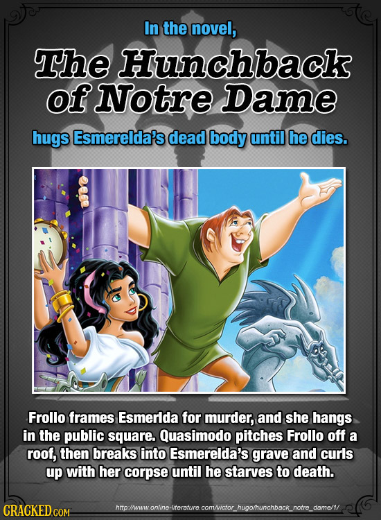 In the novel, The Hunchback of Notre Dame hugs Esmerelda's dead body until he dies. Frollo frames Esmerlda for murder, and she hangs in the public squ