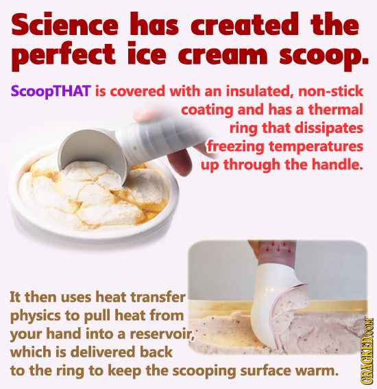 Science has created the perfect ice cream scoop. ScoopThAT is covered with an insulated, non-stick coating and has a thermal ring that dissipates free