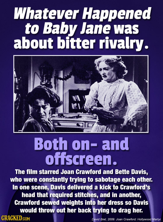 Whatever Happened to Baby Jane was about bitter rivalry. Both on- and offscreen. The film starred Joan Crawford and Bette Davis, who were constantly t