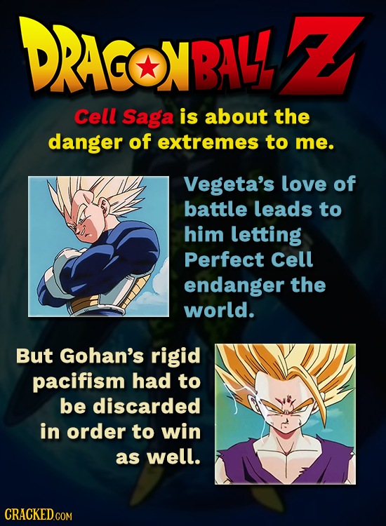 DRAGOXBAW Cell Saga is about the danger of extremes to me. Vegeta's love of battle leads to him letting Perfect Cell endanger the world. But Gohan's r