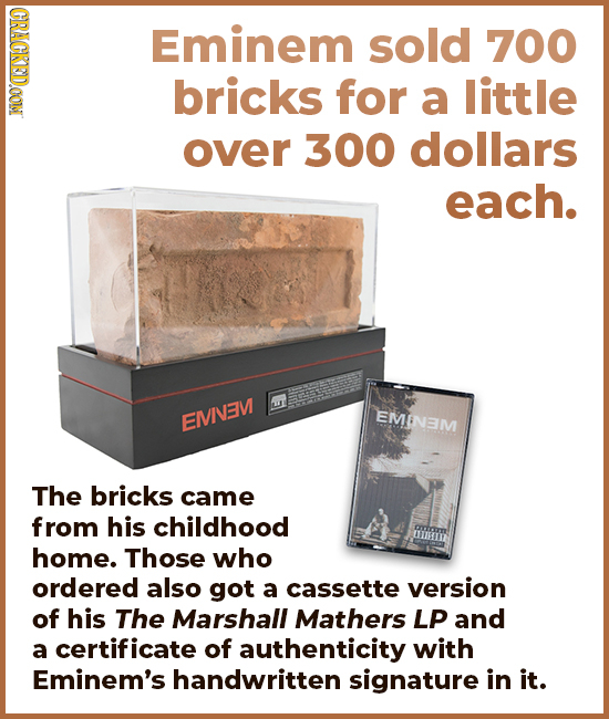 CRACKEDOON Eminem sold 700 bricks for a little over 300 dollars each. EMIEM EMINAM The bricks came from his childhood home. Those who ordered also got