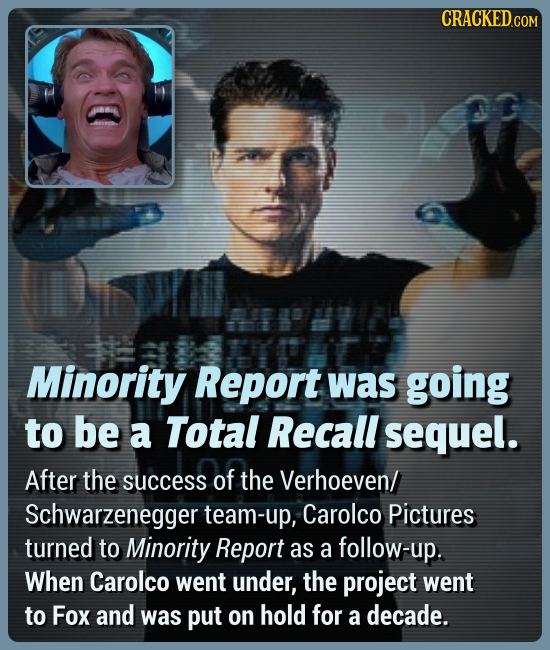 Minority Report was going to be a Total Recall sequel. After the success of the Verhoeven/ Schwarzenegger team-up, Carolco Pictures turned to Minority