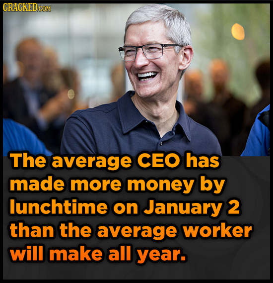 The average CEO has made more money by lunchtime on January 2 than the average worker will make all year.