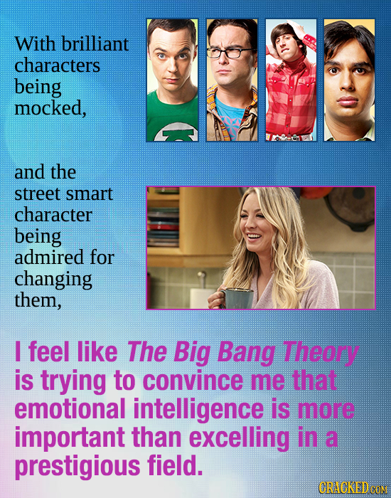 With brilliant characters being mocked, and the street smart character being admired for changing them, I feel like The Big Bang Theory is trying to c