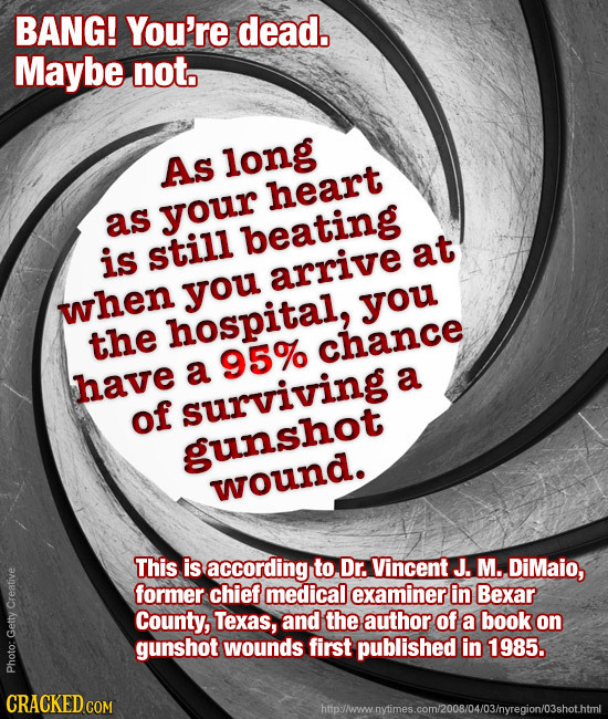 BANG! You're dead. Maybe not, As long heart as your beating is still at arrive you when you hospital, the chance 95% have a a of surviving gunshot wou