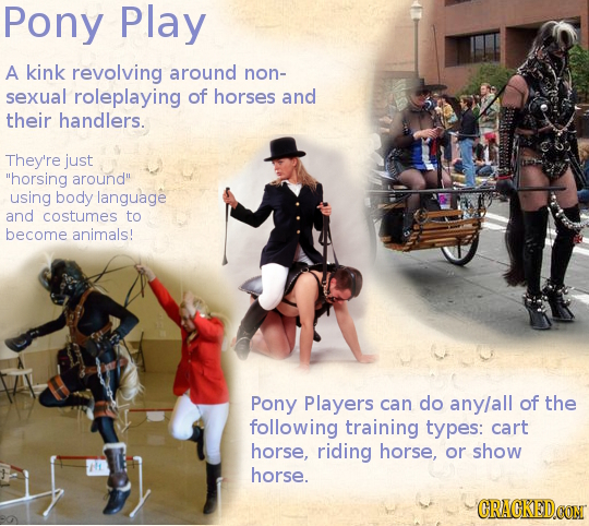 Pony Play A kink revolving around non- sexual roleplaying of horses and their handlers. They're just horsing around using body language and costumes