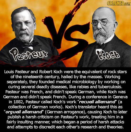 Pasteui koch Louis Pasteur and Robert Koch were the equivalent of rock stars of the nineteenth century, hailed by the masses. Working separately, they
