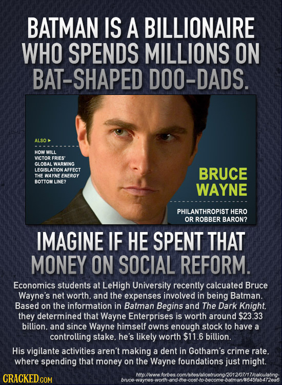 BATMAN IS A BILLIONAIRE WHO SPENDS MILLIONS ON BAT-SHAPED DOO-DADS. ALSO HOW WILL VICTOR FRIES' GLOBAL WARMING LEGISLATION AFFECT BRUCE THE WAYNE ENER