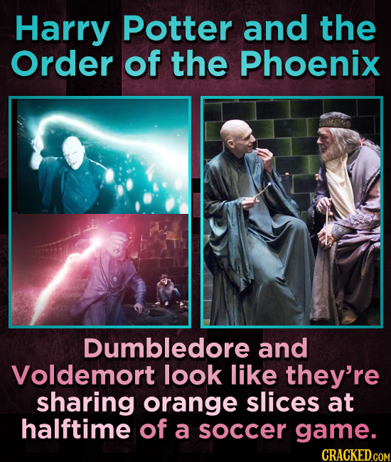 Harry Potter and the Order of the Phoenix Dumbledore and Voldemort look like they're sharing orange slices at halftime of a soccer game.