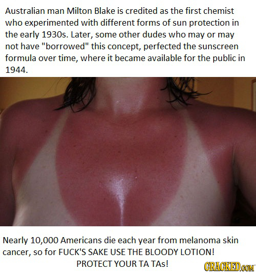 Australian man Milton Blake is credited as the first chemist who experimented with different forms of sun protection in the early 1930s. Later, some o