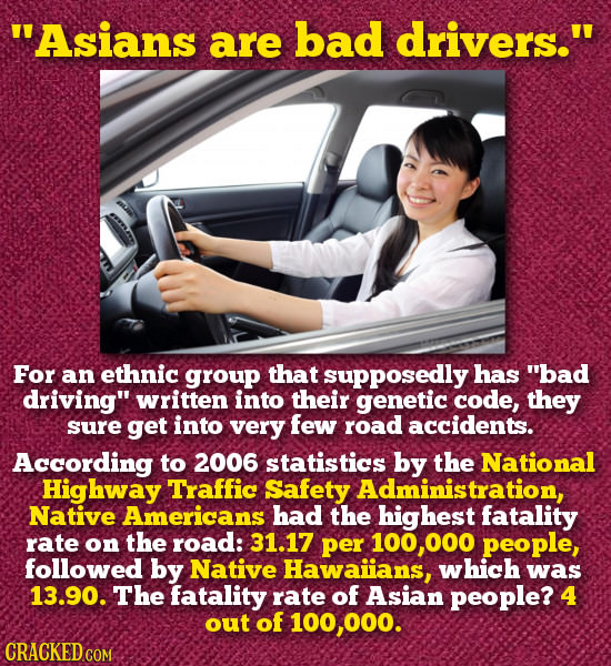 Asians are bad drivers. For an ethnic group that supposedly has bad driving written into their genetic code, they sure get into very few road acci