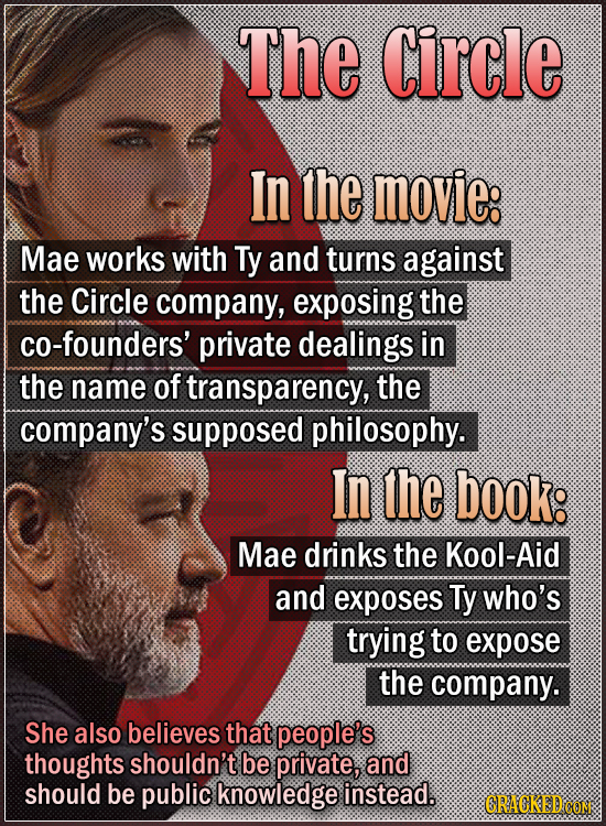 The Circle In the movie: Mae works with Ty and turns against the Circle company, exposing the co-founders' private dealings in the name of transparenc