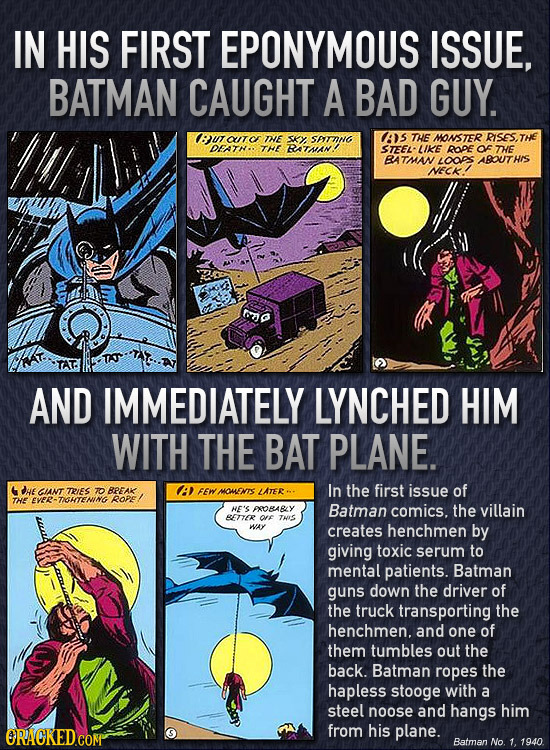 IN HIS FIRST EPONYMOUS ISSUE, BATMAN CAUGHT A BAD GUY. Bu UC TE SKY STTING AS THE MONSTER RISESTHE OFATN. THE RATSAN! STEEL LIKE ROPE oF TE BATMAN LOO