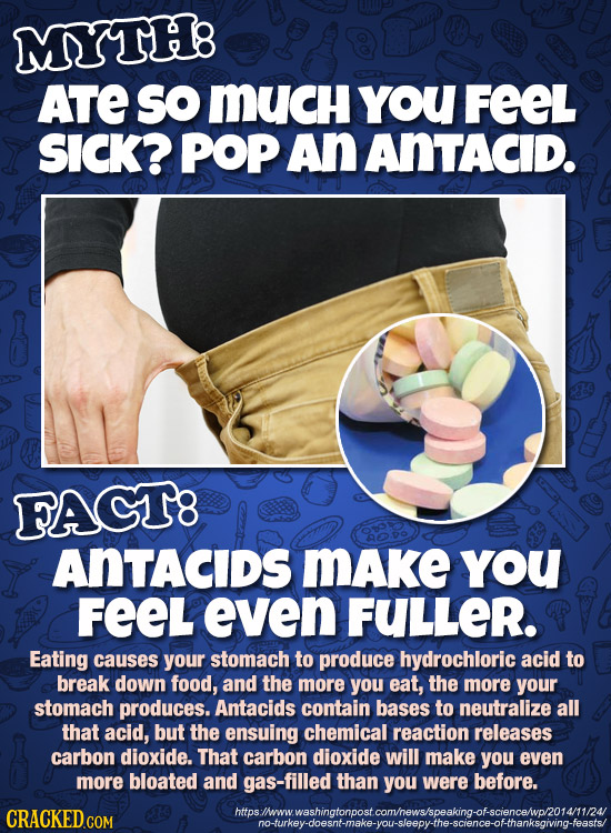 MYTH: ATE So MucH you FEEL SICK? POP An ANTACID. FAGT8 ANTACIDS MAke YoU FEEL even FULLER. Eating causes your stomach to produce hydrochloric acid to 