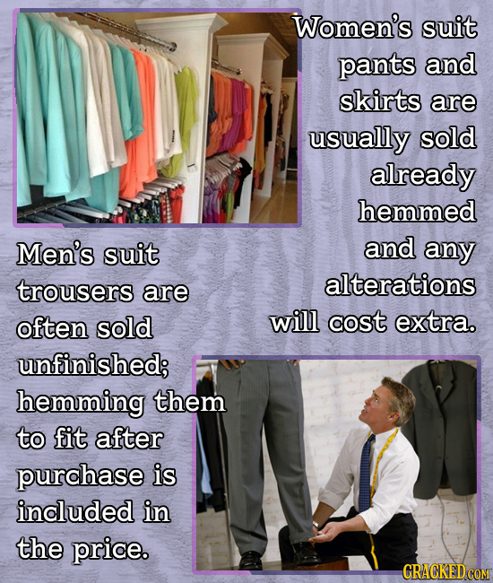 Women's suit pants and skirts are usually sold already hemmed Men's suit and any trousers alterations are often sold will cost extra. unfinished; hemm