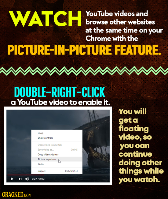 WATCH YouTube videos and browse other websites at the same time on your Chrome with the PICTURE-IN-PICTURE FEATURE. DOUBLE-RIGHT- -CLICK a YouTube vid