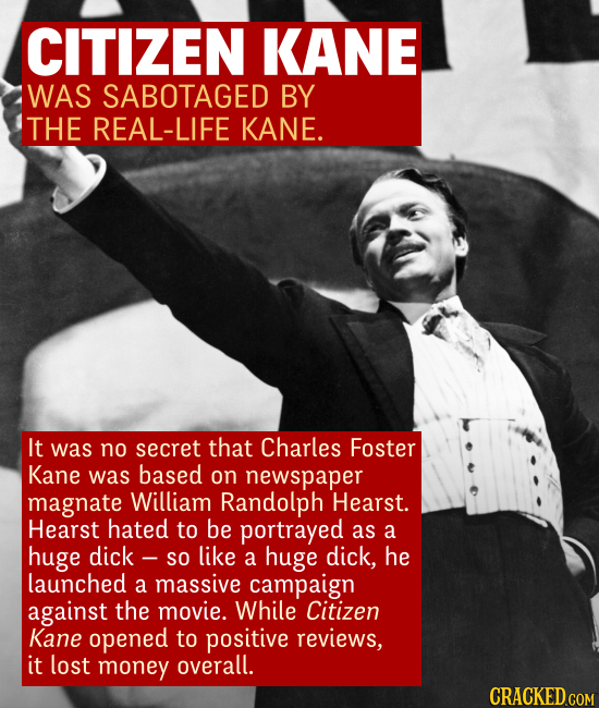 CITIZEN KANE WAS SABOTAGED BY THE REAL-LIFE KANE. It was no secret that Charles Foster Kane was based on newspaper magnate William Randolph Hearst. He