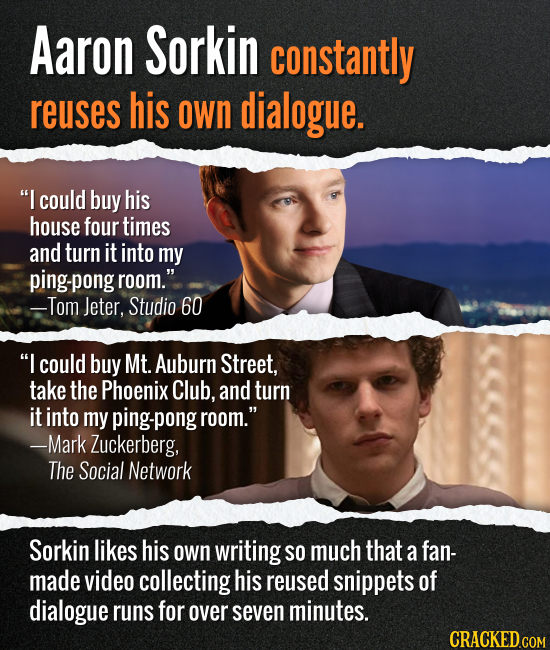 Aaron Sorkin constantly reuses his own dialogue. I could buy his house four times and turn it into my ping-por room. -Tom Jeter, Studio 60 I could