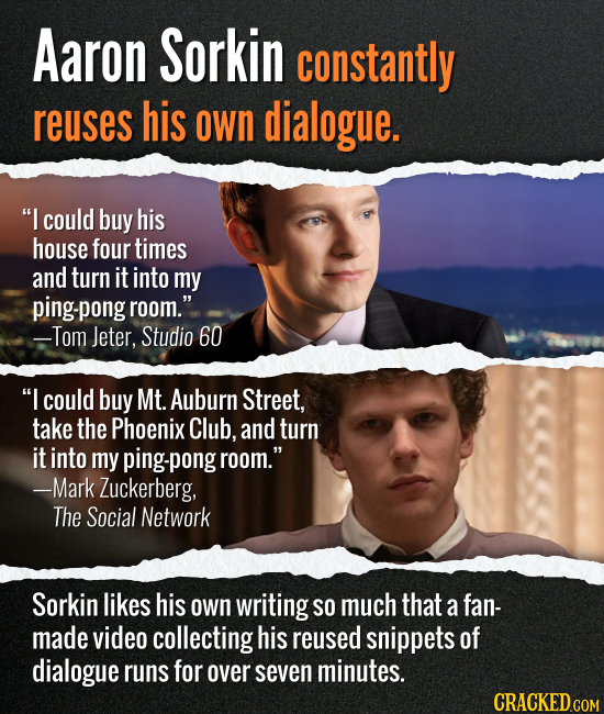 Aaron Sorkin constantly reuses his own dialogue. I could buy his house four times and turn it into my ping-por room. -Tom Jeter, Studio 60 I could 