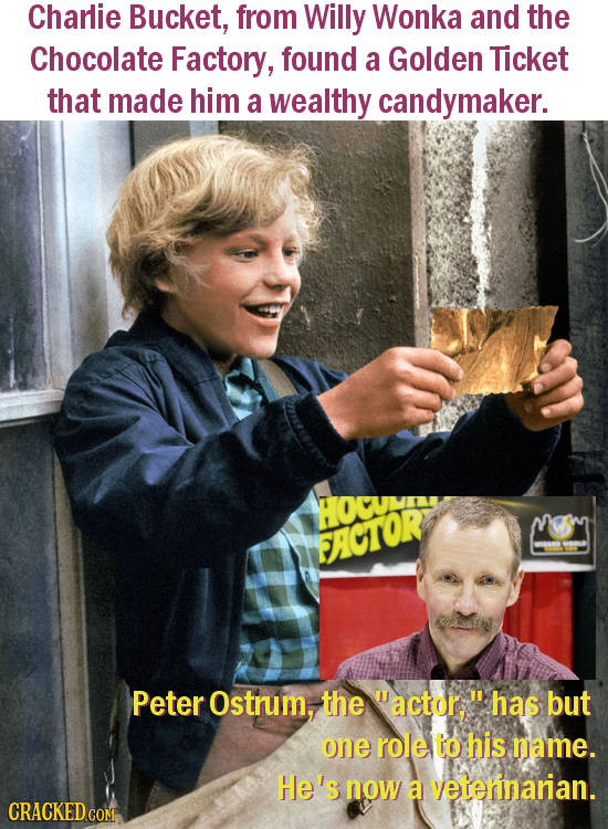 Charlie Bucket, from Willy Wonka and the Chocolate Factory, found a Golden Ticket that made him a wealthy candymaker. OCUNI FACTOR Peter Ostrum, the m