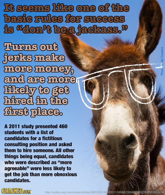 It seems like one of the basic rules for success is don't be a jackass. Turns out jerks make Creative more money, Getty and are more Photo: likely to