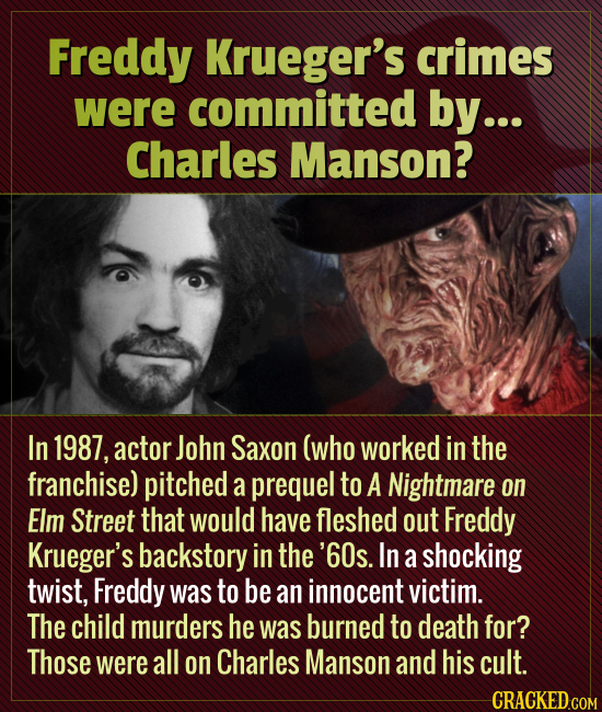 Freddy Krueger's crimes were committed by... Charles Manson? In 1987, actor John Saxon (who worked in the franchise) pitched a prequel to A Nightmare
