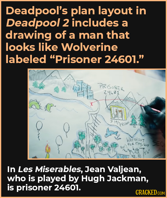 Deadpool's plan layout in Deadpool 2 includes a drawing of a man that looks like Wolverine labeled Prisoner 24601. PRISONER 244061 2M PRSON WATCHOUT