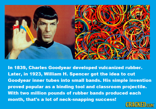 In 1839, Charles Goodyear developed vulcanized rubber. Later, in 1923, William H. Spencer got the idea to cut Goodyear inner tubes into small bands. H