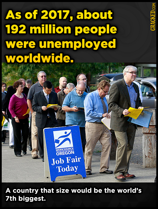 As of 2017, about 192 million people CRACKED COM were unemployed worldwide. WORKSOURCE OREGON Job Fair Today A country that size would be the world's