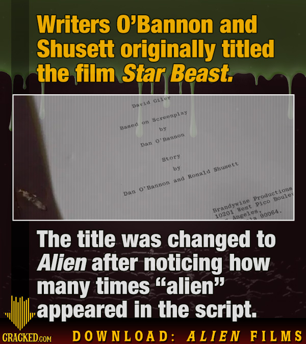 Writers O'Bannon and Shusett originally titled the film Star Beast. Gex Dayad Sceeneay an Based by OEANNOD DAN ssoy By Shussett Ronald and OT Banow Da