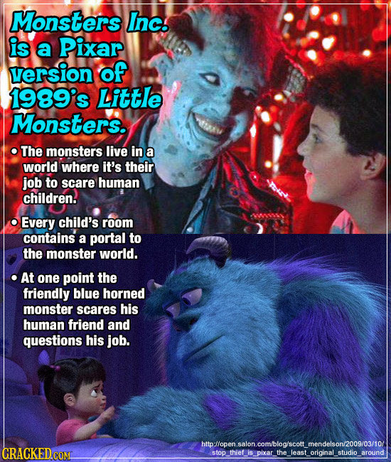 Monsters Inc. is a Pixar version of 1989's Little Monsters. The monsters live in a world where it's their job to scare human children. Every child's r
