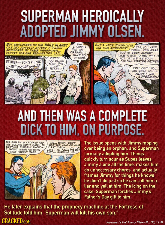 SUPERMAN HEROICALLY ADOPTED JIMMY OLSEN. Boy EMPLOYEES oF THE DAILY PLANET But A VOICe CONTRADICTS ONE I CAN'T! YJOYFULLY ATTEN PICNIC THE CUB REPORTE