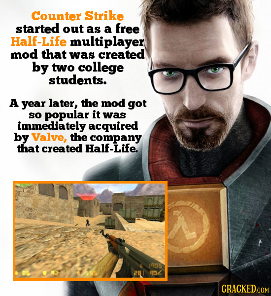 Counter Strike started out as a free Half-Life multiplayer mod that was created by two college students. A year later, the mod got so popular it was i