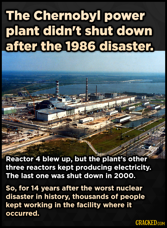 The Chernobyl power plant didn't shut down after the 1986 disaster. Reactor 4 blew up, but the plant's other three reactors kept producing electricity