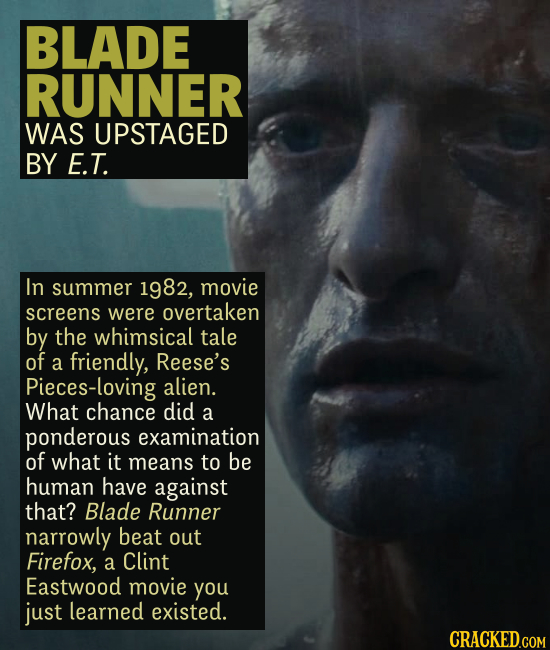BLADE RUNNER WAS UPSTAGED BY E.T. In summer 1982, movie screens were overtaken by the whimsical tale of a friendly, Reese's Pieces-loving alien. What