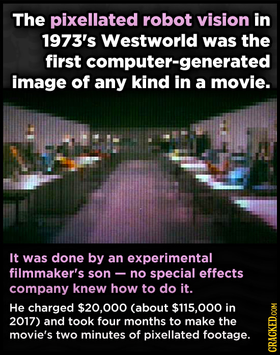 The pixellated robot vision in 1973's Westworld was the first computer-generated image of any kind in a movie. It was done by an experimental filmmake