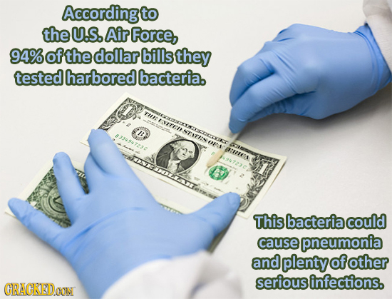According to the U.S. Air Force, 94% ofthe dollar bills they tested harbored bacteria. TH ENTED IB NTITEN #334947230 OEA :IIES This bacteria could cau