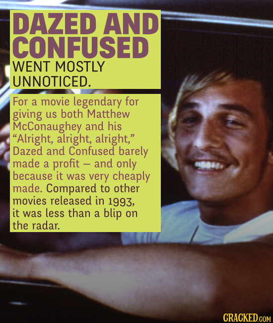 DAZED AND CONFUSED WENT MOSTLY UNNOTICED. For a movie legendary for giving us both Matthew McConaughey and his Alright, alright, alright, Dazed and