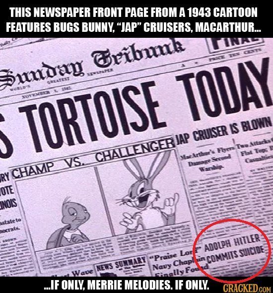 THIS NEWSPAPER FRONT PAGE FROM A 1943 CARTOON FEATURES BUGS BUNNY, JAP 'CRUISERS, MACARTHUR... ribyh CETS TIOCE Sundad SENSRAPER SSATET TODAY WORP'S