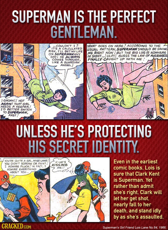 SUPERMAN IS THE PERFECT GENTLEMAN. .COULON'T WHAT SOES ON HERE ?ACCORDING TO THE IT'S A CALCULATED UISUAL SHOULO BE SAVING RISK. I'LL BET M LIFE ME RI