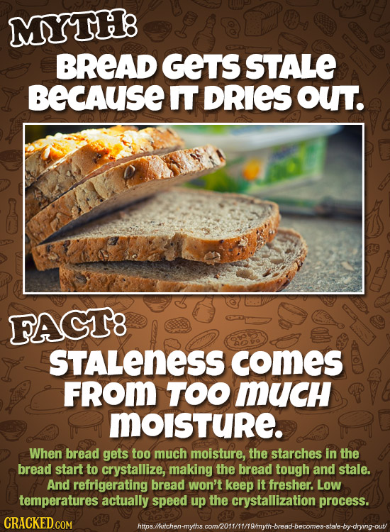 MYTHB BREAD GETS STALE BECAUSE I DRIES out. FAGT8 STALENESS comes FRom TOO MUCH MoISTURE. When bread gets too much moisture, the starches in the bread