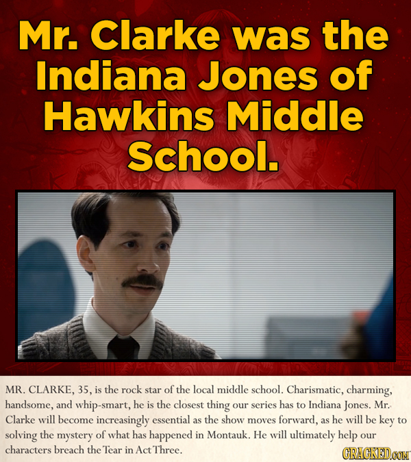 Mr. Clarke was the Indiana Jones of Hawkins Middle School. MR. CLARKE, 35, is the rock star of the local middle school. Charismatic, charming, handsom