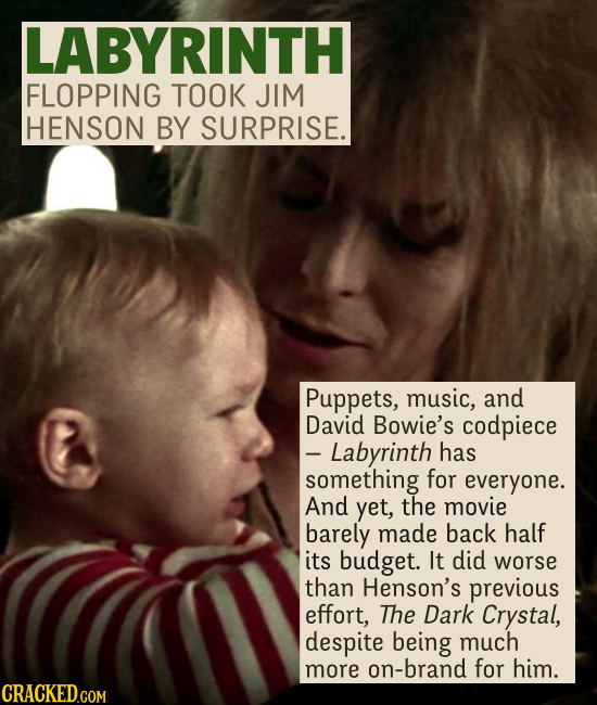 LABYRINTH FLOPPING TOOK JIM HENSON BY SURPRISE. Puppets, music, and David Bowie's codpiece - Labyrinth has something for everyone. And yet, the movie