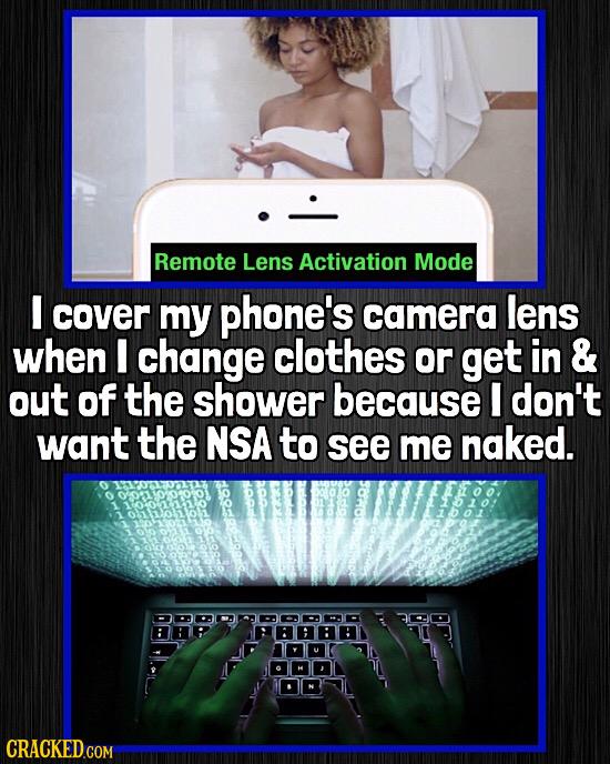 Remote Lens Activation Mode I cover my phone's camera lens when I change clothes or get in & out of the shower because I don't want the NSA to see me