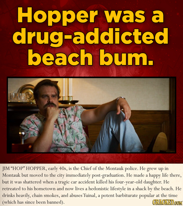 Hopper was a drug-addicted beach bum. JIM HOP HOPPER, early 40s, is the Chief of the Montauk police. He grew up in Montauk but moved to the city imm