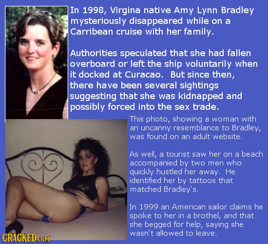 In 1998, Virgina native Amy Lynn Bradley mysteriously disappeared while on a Carribean cruise with her family. Authorities speculated that she had fal