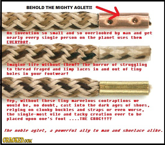 BEHOLD THE MIGHTY AGLET!!! AN inuention 50 snall and 5o overlooked by nan and yet nearly every single person on the planet uses then EUERYDAY. Inagine