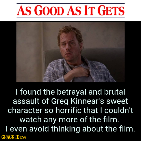 AS GOOD AS IT GETS I found the betrayal and brutal assault of Greg Kinnear's sweet character So horrific that I couldn't watch any more of the film. I